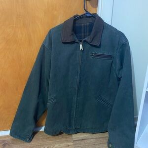 Men's Dark Green Canvas Zip Jacket with Brown Collar (Similar to Carhartt)